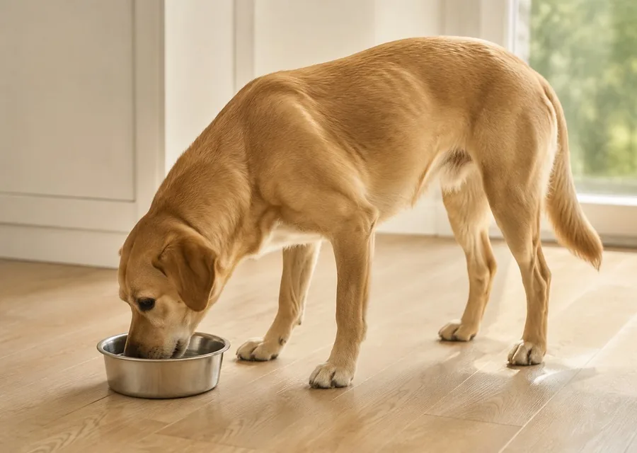 Hund trinkt aus einem Napf