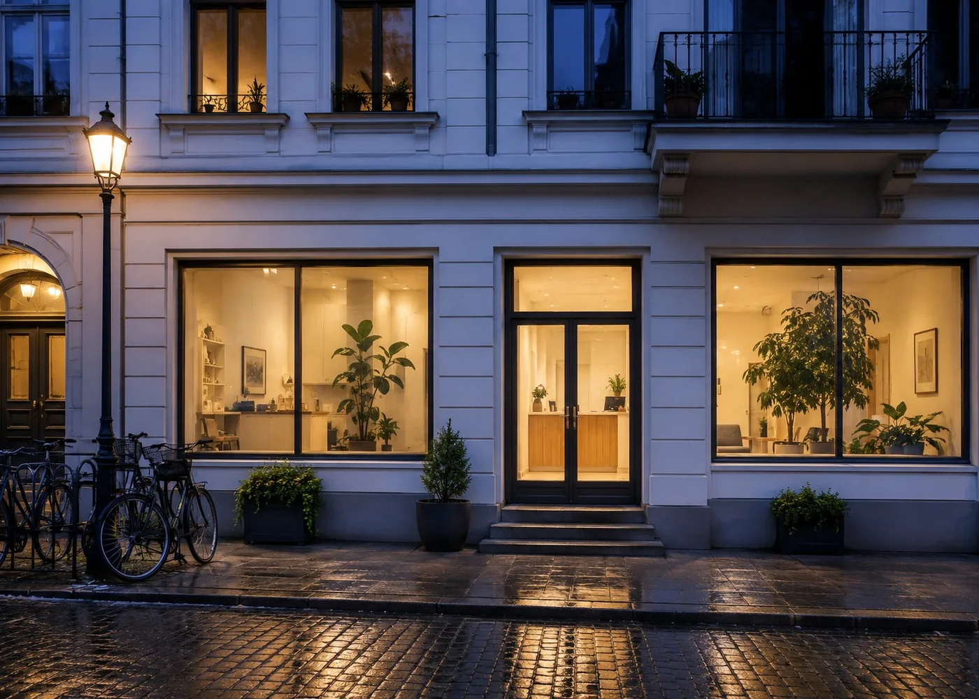 Praxiseingang in einem hellen Altbau am Abend
