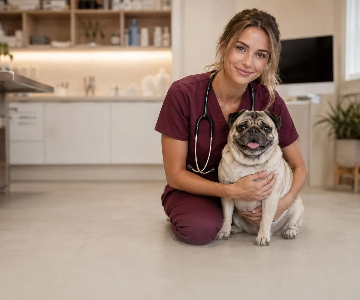 Tierärztin hält einen Mops auf dem Arm